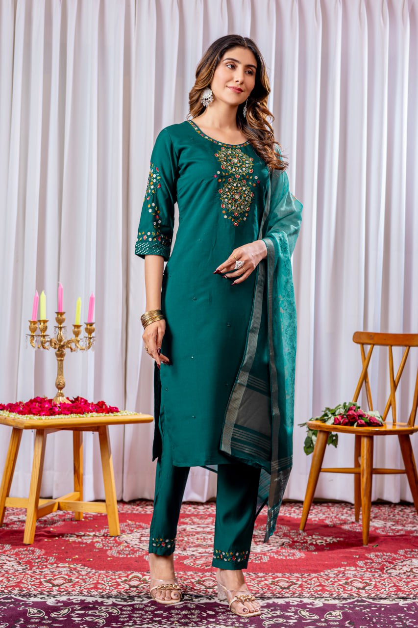 Pramukh Fab Teal Green Color Viscose Silk Kurta Set