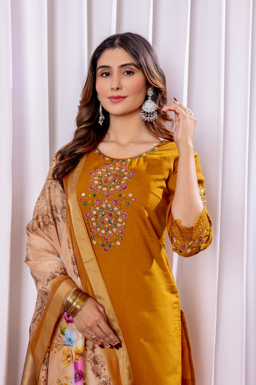 Pramukh Fab Mustard Color Viscose Silk Kurta Set