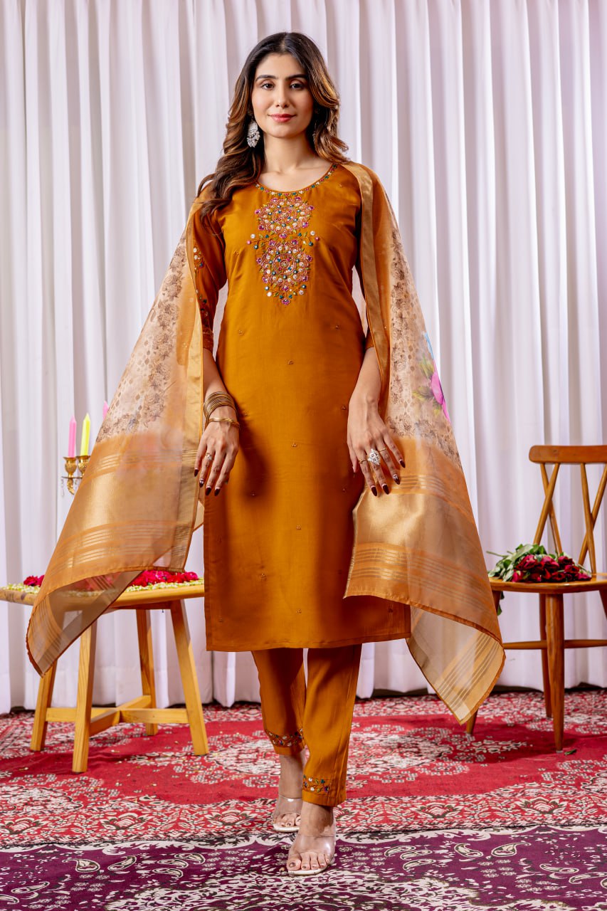 Pramukh Fab Mustard Color Viscose Silk Kurta Set