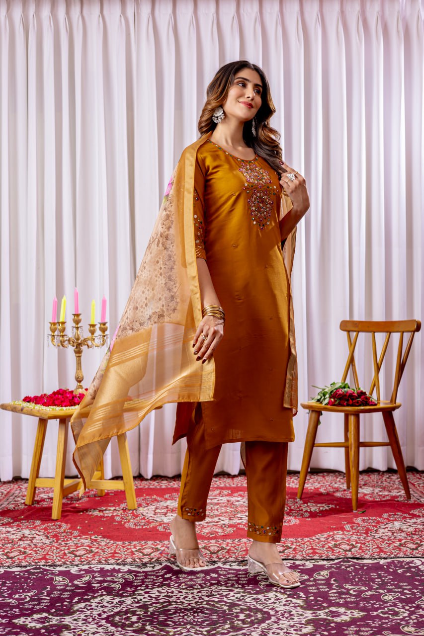 Pramukh Fab Mustard Color Viscose Silk Kurta Set