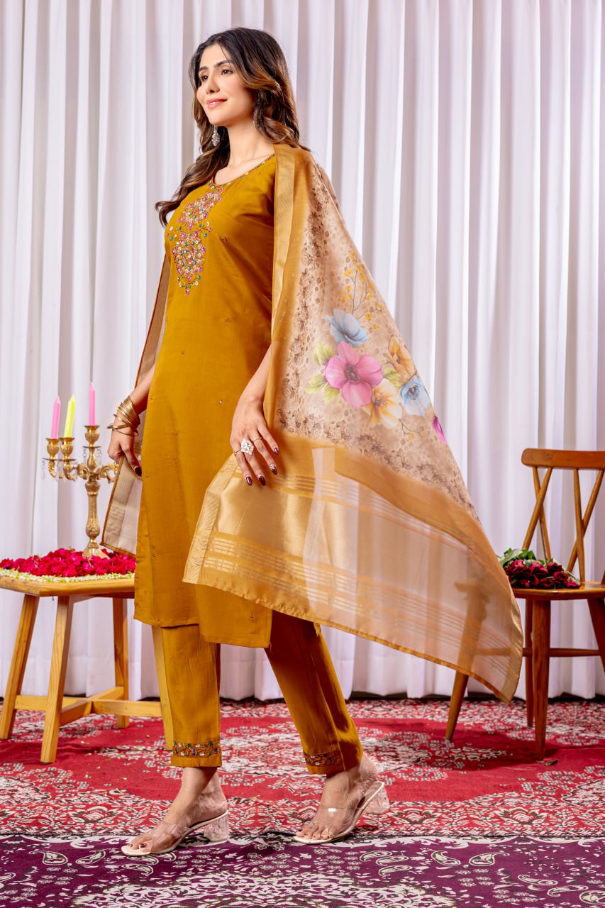 Pramukh Fab Mustard Color Viscose Silk Kurta Set