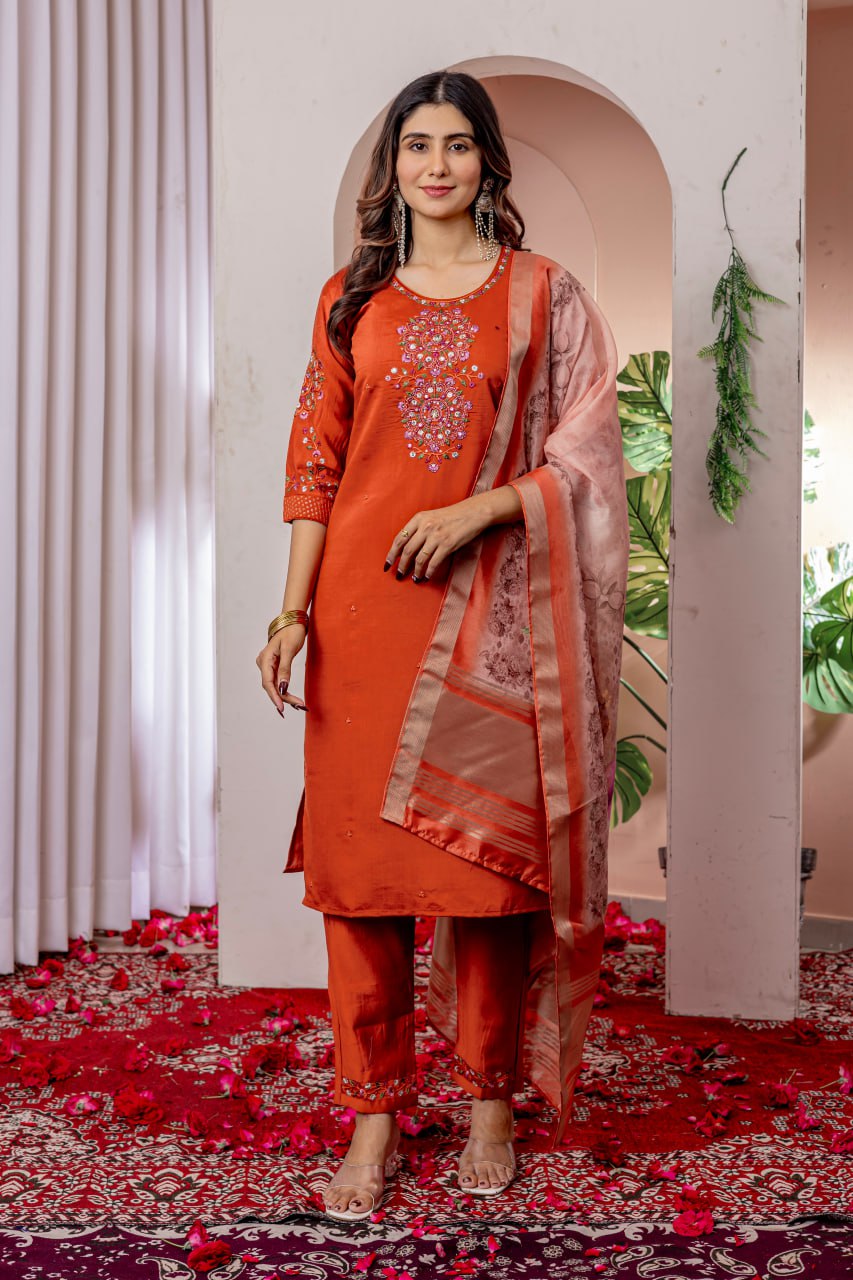 Pramukh Fab Orange Color Viscose Silk Kurta Set