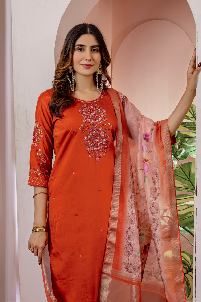 Pramukh Fab Orange Color Viscose Silk Kurta Set