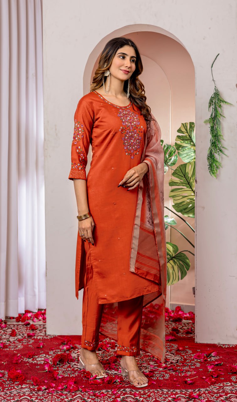 Pramukh Fab Orange Color Viscose Silk Kurta Set