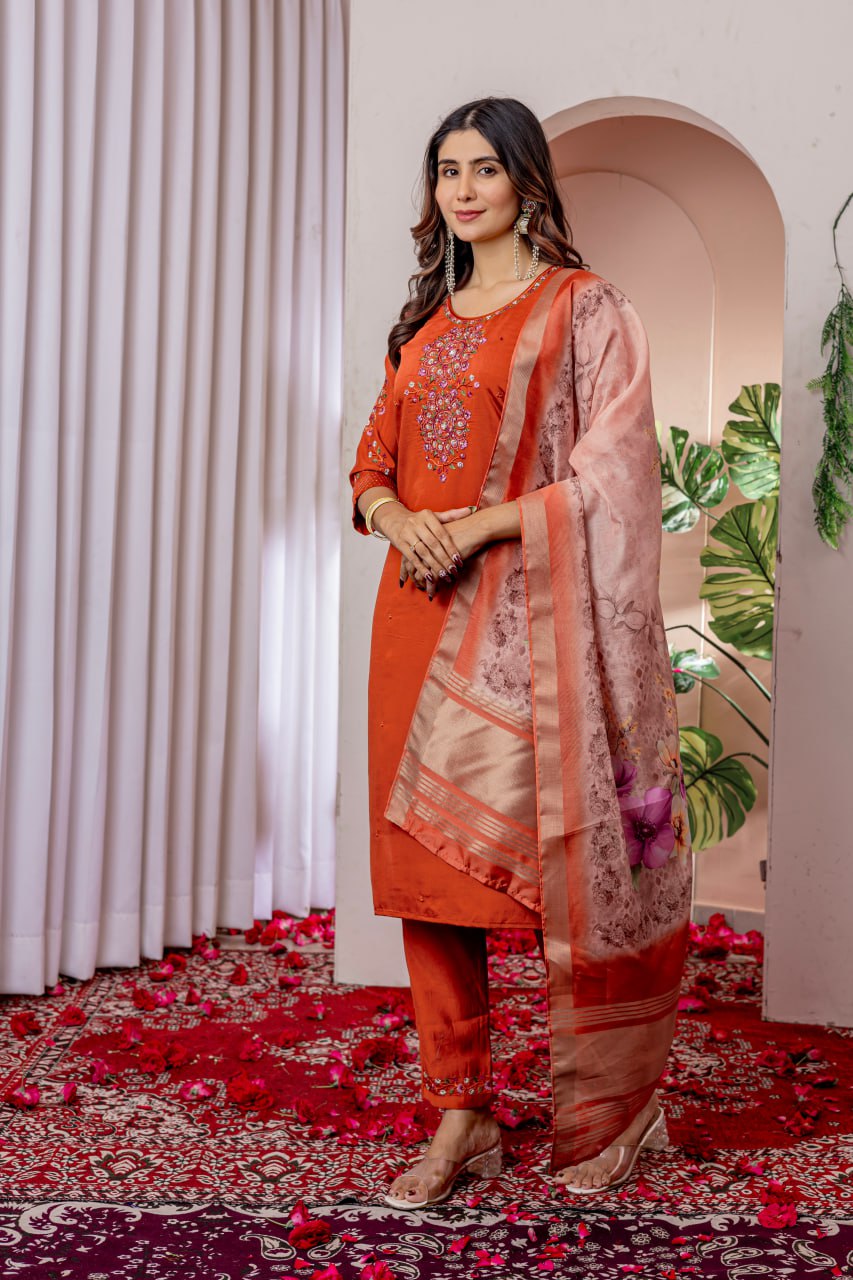 Pramukh Fab Orange Color Viscose Silk Kurta Set
