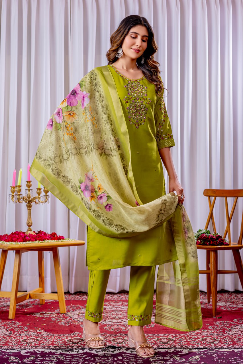 Pramukh Fab Lime Green Color Viscose Silk Kurta Set