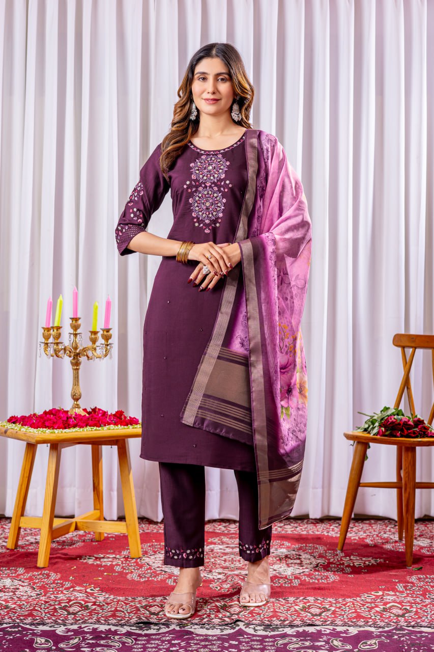 Pramukh Fab Plum Color Viscose Silk Kurta Set