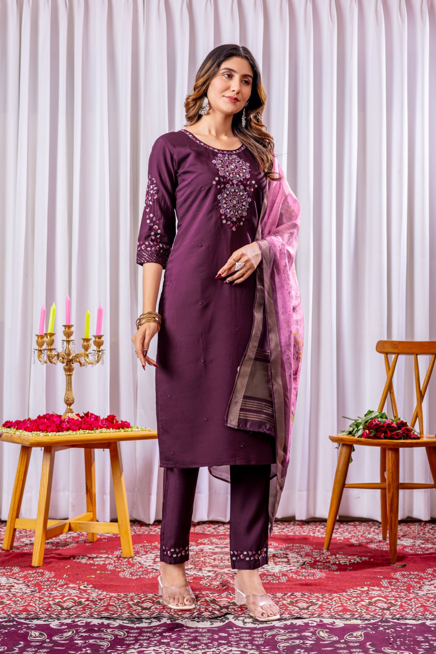 Pramukh Fab Plum Color Viscose Silk Kurta Set