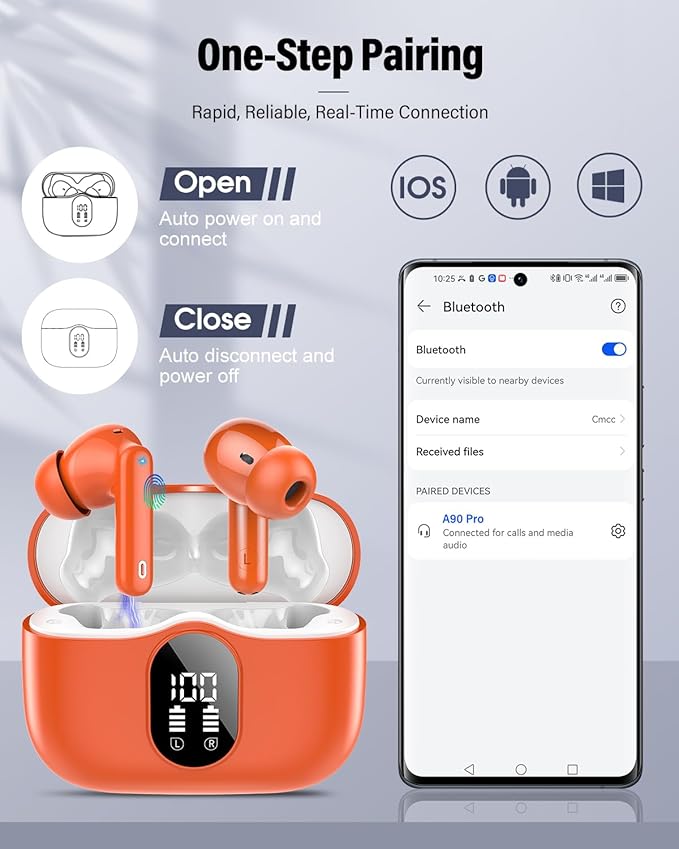 Wireless Earbuds, Bluetooth 5.4 Headphones Bass Stereo, Ear Buds with Noise Cancelling Mic, IP7 Waterproof in Ear Earphones, 36H LED Display Bluetooth Earbuds for Laptop Pad Phones Sports, Orange