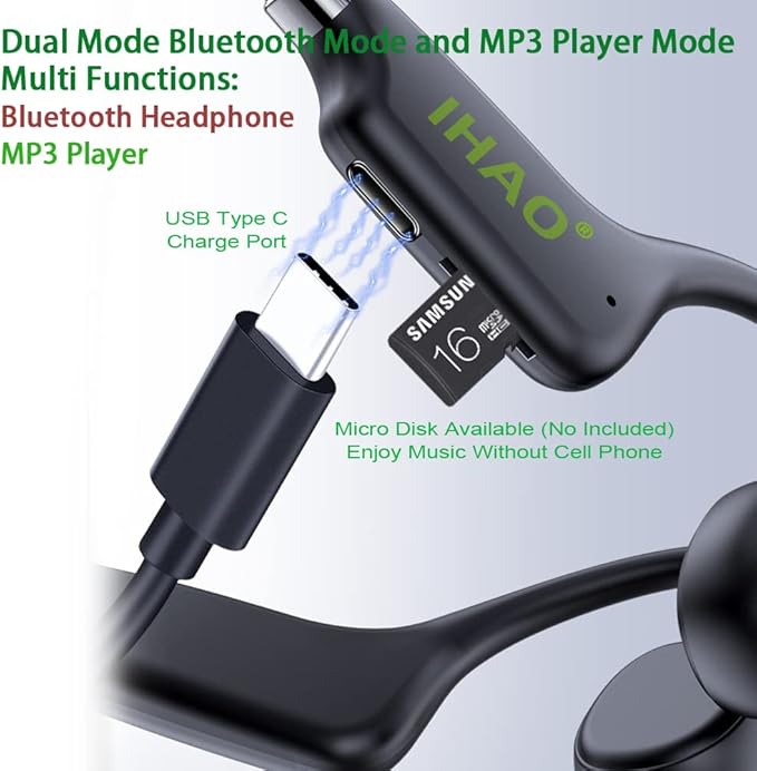 IHAO True Bone Conduction Headphones Open Ear Headset Able to be a MP3 Player with Micro Disk Stereo Bluetooth Earphone for Driving Bicycling Running Skiing
