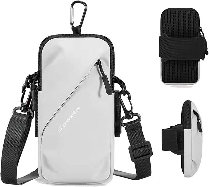 Phone Holder Arm Bands, Small Crossbody Shoulder Holsters Bag with Arm Band, Fits iPhone and All Cell Phones, Use for Running, Walking, Hiking & Biking (Plus Size,Grayish White)