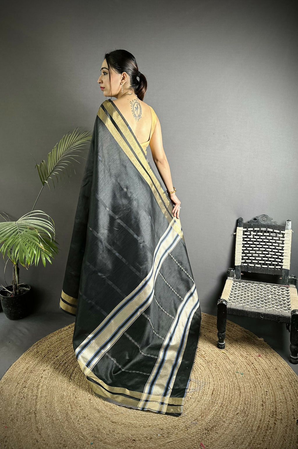 Joban Fashion Black Woven Pattern Raw Silk Kanjivaram Silk Saree