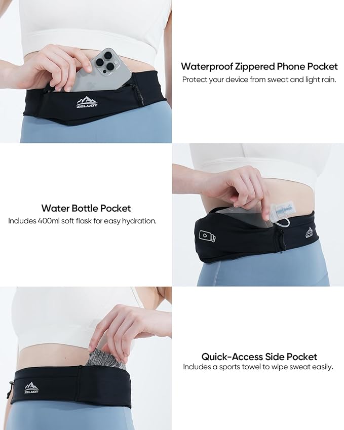 Running Belt with 400ml Soft Flask, Extension Strap & Phone Holder, Adjustable Running Fanny Pack with Gym Towel, Waterproof Belt Bag for Women Men for Jogging Marathon (Black, Large)