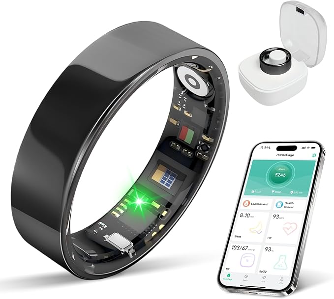 Smart Ring with Sleep Monitoring, No APP Subscription, 10-Day Battery Life, Stress/Heart Rate/Women's Health Tracker, Android & iOS Compatible (Black, 12)