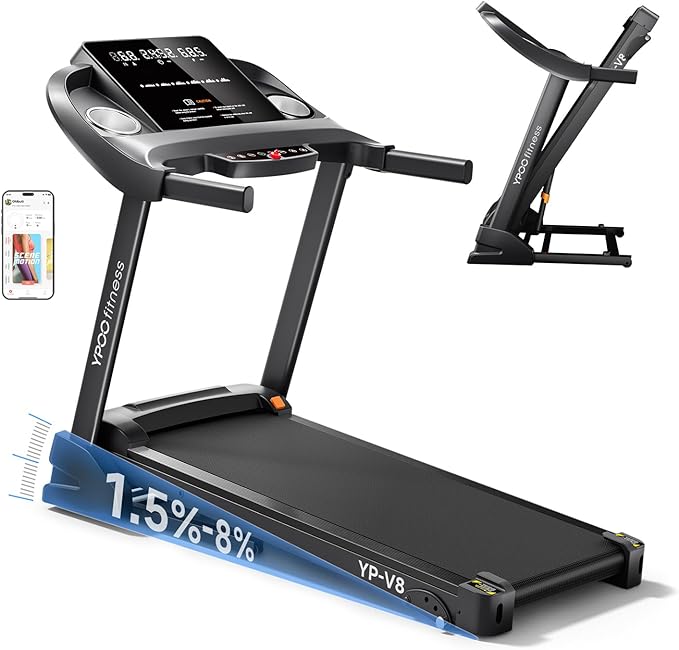 Treadmills for Home with Incline, Auto Foldable Running Treadmills, 8.0 MPH Walking Pad Treadmill with Bluetooth, 300 lbs Weight Capacity Quiet