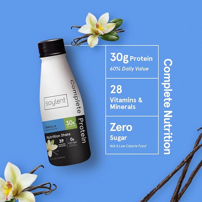 Soylent Vanilla High Protein Shake, 30g Complete Protein, Vegan, Dairy Free and 0g Sugar, Ready to Drink Protein Drinks, 11 Oz, 24 Pack