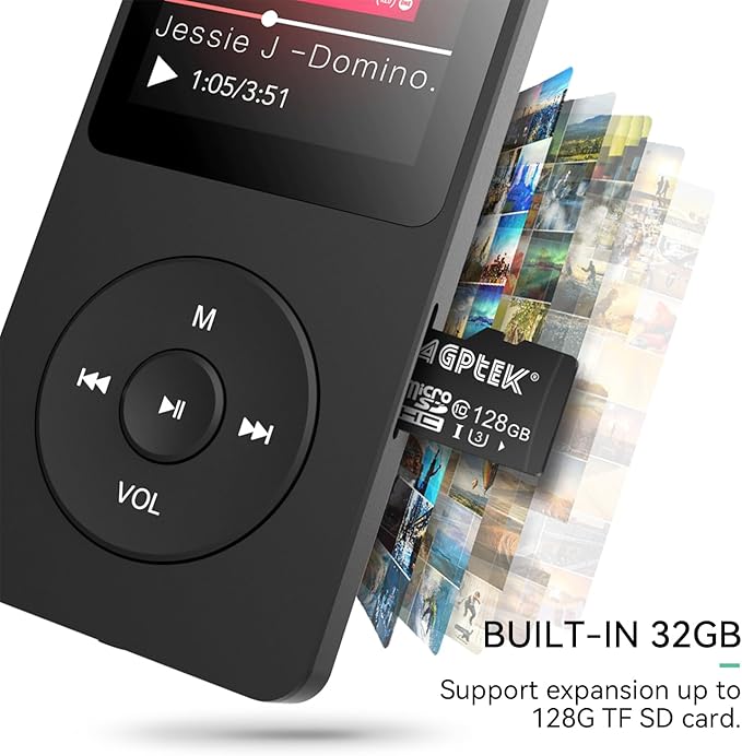 AGPTEK A02 MP3 Player with Bluetooth 5.3, 1.8 inch Screen Portable Music Player with Speaker, FM Radio, Voice Recorder, Supports Expanded Up to 128GB(Black, 32GB)