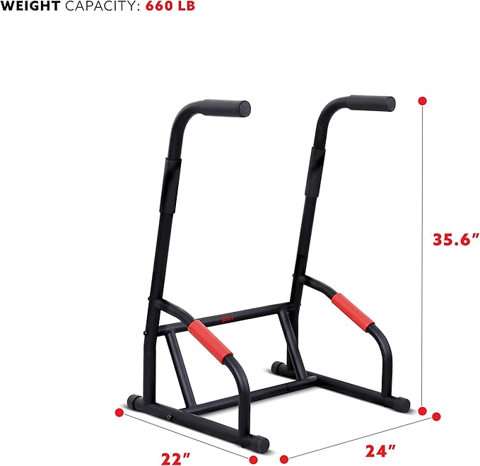 Sunny Health & Fitness Power Tower, Dip Bar, Push-Up & Pull Up Assisting Parallette Station w Optional Rock Climbing Grip Trainer