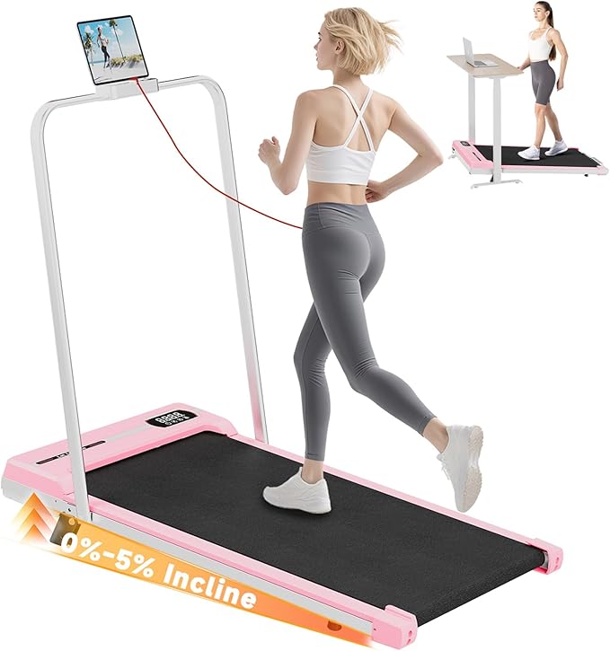Incline Walking Pad with Handle Bar, Folding Treadmill Foldable Portable Under Desk for Home Office, Ultra Quiet <45dB, Safety Lock, 300+ LB Capacity