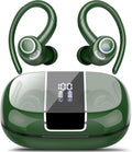 Wireless Earbuds Bluetooth 5.3 Headphones Sports, 48Hrs Playtime Bluetooth Earbuds with CVC 8.0 Mic, Stereo Bass Over Ear Bud with Earhooks, LED Display, IP7 Waterproof Earphon for Running Green