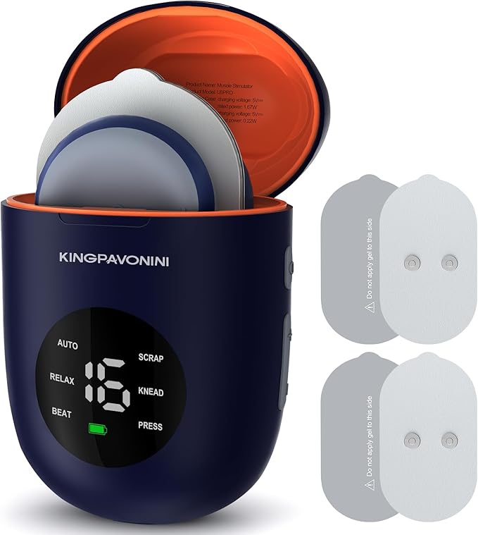 KingPavonini Wireless TENS Unit, Muscle Stimulator for Pain Relief, Portable Rechargable TENS EMS Machine, LED Screen, Remote, Dual Channel 6 Modes 16 Intensity Massager, Charging Case (4 Pads)