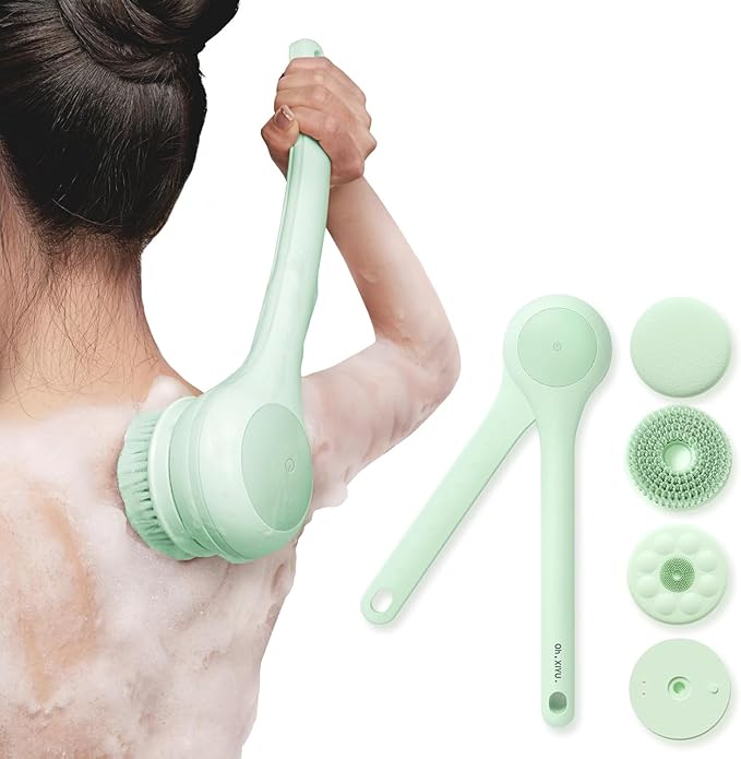 Electric Body Brush Back Scrubber for Shower, Waterproof Long Dual Handle Power Body Scrubber with 3 Heads, Rechargeable Bath Brush & 2 Speeds, for Cleansing, Exfoliating and Massaging Skin