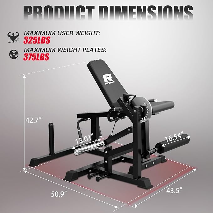 RITFIT Seated Leg Extension and Lying Curl Machine, Adjustable, for Home Gym, Leg Workout Equipment Compatible with 1'' and 2'' Weight Plates, Black, 700 lb