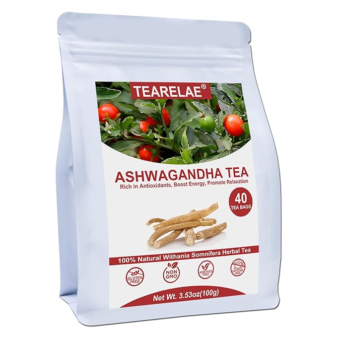 TEARELAE - Ashwagandha Tea Bags - 2.5g x 40 Count - Sourced From India - Premium Natural Cut & Sifted Pure Indian Ginseng Root - Non-GMO - Caffeine-free - Rich in Antioxidants & Boost energy