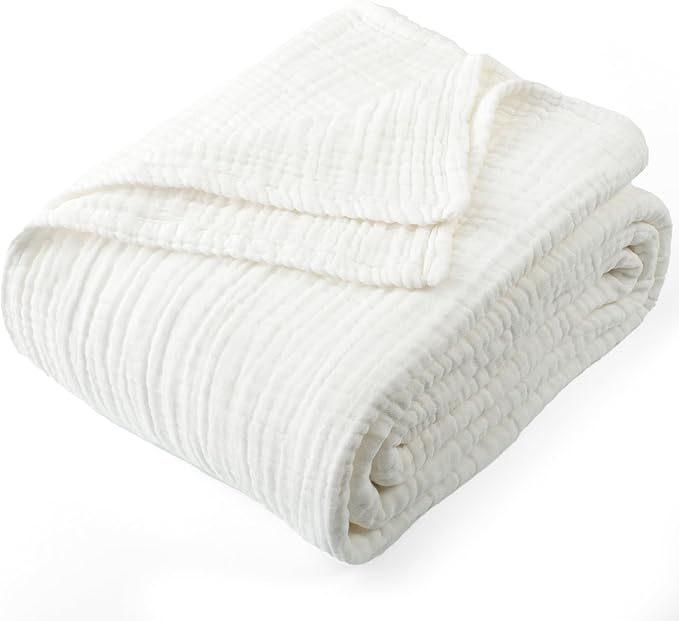 Carriediosa 100% Cotton Muslin Throw Blanket 50" X 70" Throw XL Size，4-Layers Summer Gauze Throws for Bed Couch，Soft Lightweight Breathable Linen Blankets Bedspread for Adults All Season，White