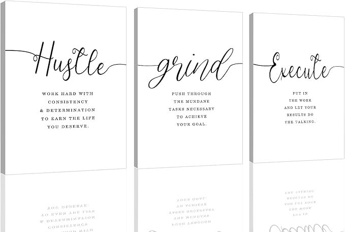 Framed Canvas Wall Art Hustle Quote, Office Wall Art, White Large Poster, Positive Motivational Set of 3 Prints, Execute Hustle Grind, Inspirational Print (H-3pcs,20x30inchx3pcs)