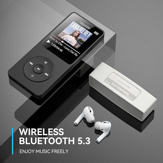 AGPTEK A02 MP3 Player with Bluetooth 5.3, 1.8 inch Screen Portable Music Player with Speaker, FM Radio, Voice Recorder, Supports Expanded Up to 128GB(Black, 64GB)