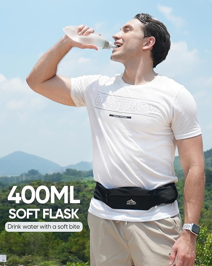 Running Belt with 400ml Soft Flask, Extension Strap & Phone Holder, Adjustable Running Fanny Pack with Gym Towel, Waterproof Belt Bag for Women Men for Jogging Marathon (Black, Large)