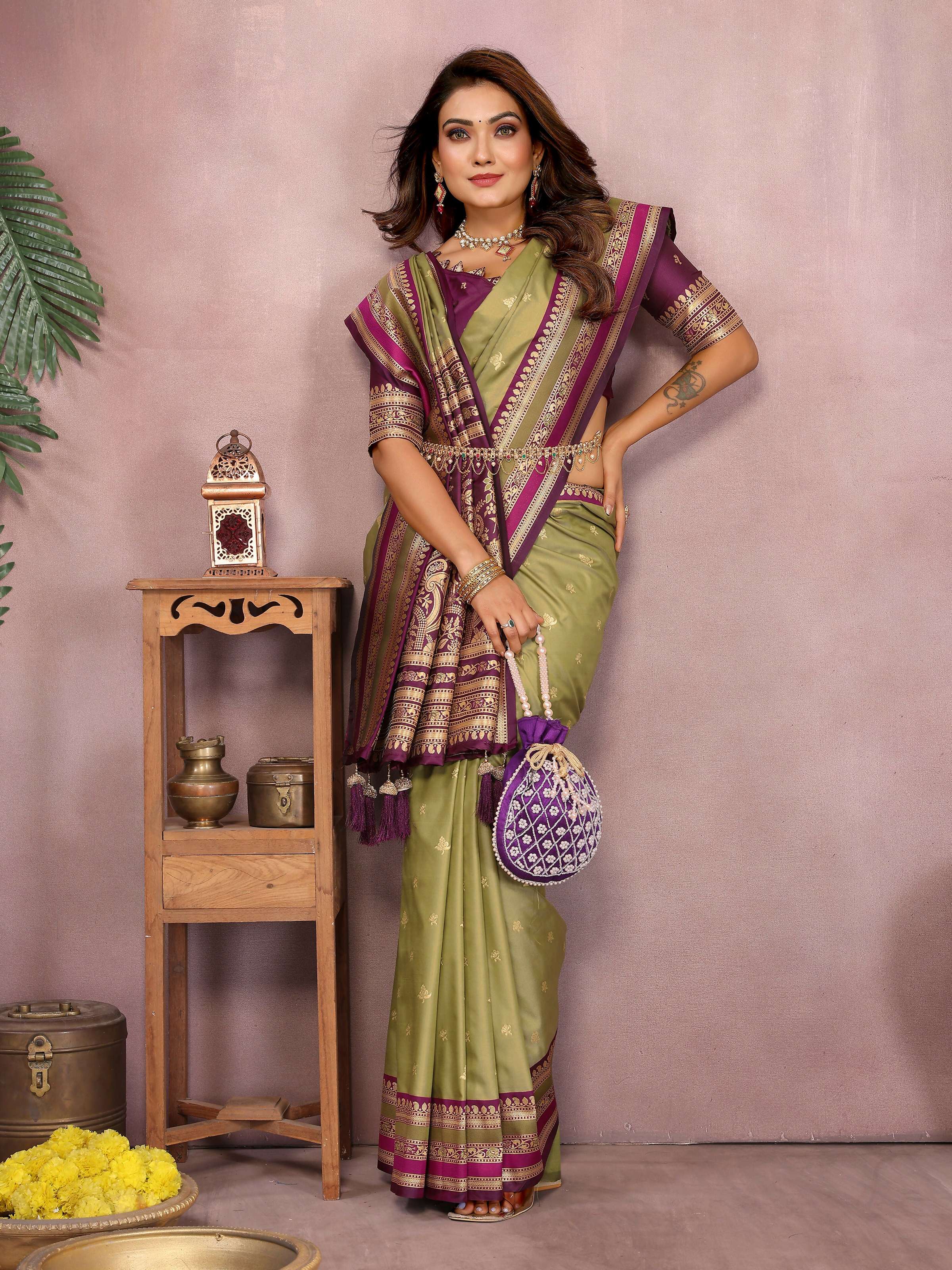 Aastha Fashion Mehndi Kalamkari Silk Weaving Saree