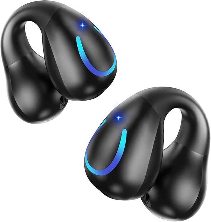 Open Ear Bone Conduction Headphones Bluetooth 5.3 Wireless Clip On Earbuds with Digital Display Charging Case 60 Hours Playtime Sport Earphones Built-in Mic IPX7 Waterproof for Running Fitness Black