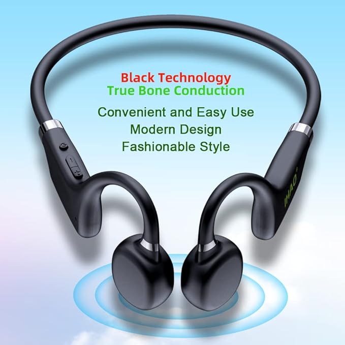 IHAO True Bone Conduction Headphones Open Ear Headset Able to be a MP3 Player with Micro Disk Stereo Bluetooth Earphone for Driving Bicycling Running Skiing