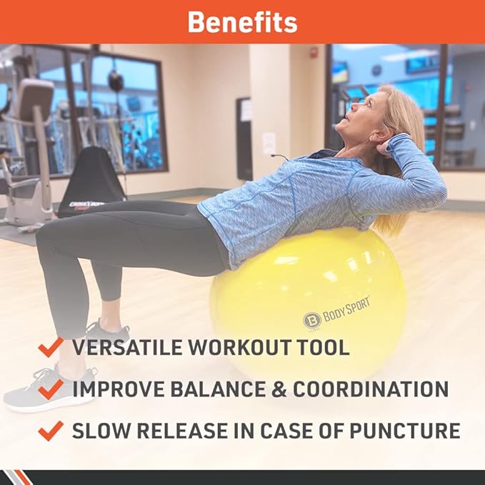 Body Sport Exercise Ball with Pump for Home, Gym, Balance, Stability, Pilates, Core Strength, Stretching, Yoga, Fitness Facilities, Desk Chairs