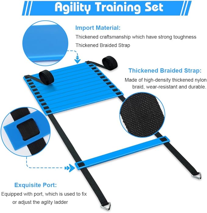 Soccer Speed Agility Training Set - 20FT Agility Ladder 12/16 Sports Cones and Soccer Kick Trainer Football Training Equipment Footwork Drills for Youth and Adults