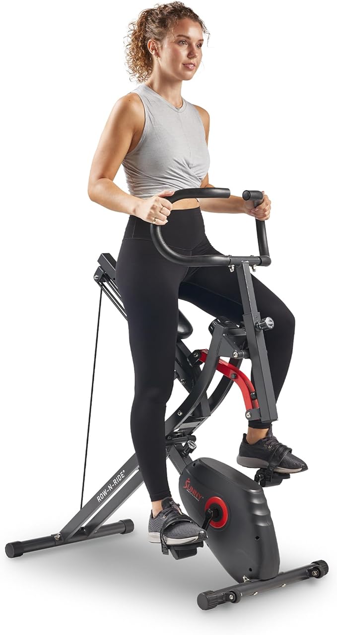 Sunny Health & Fitness Row-N-Ride PRO, Full Body Combo Squat Machine w/Optional Resistance Band, Easy Setup Ab Workout Exercise Equipment for Home, Whole Body Cardio, Optional SunnyFit App Connection