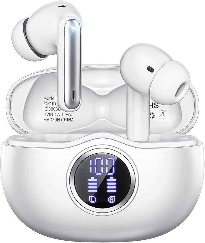 A10 Pro Wireless Earbuds, Bluetooth 5.3 Headphones HiFi Stereo 50H Playback LED Digital Display Ear Buds with ENC Noise Canceling Headset, IPX7 Waterproof Earphones for Gym/Running/Work