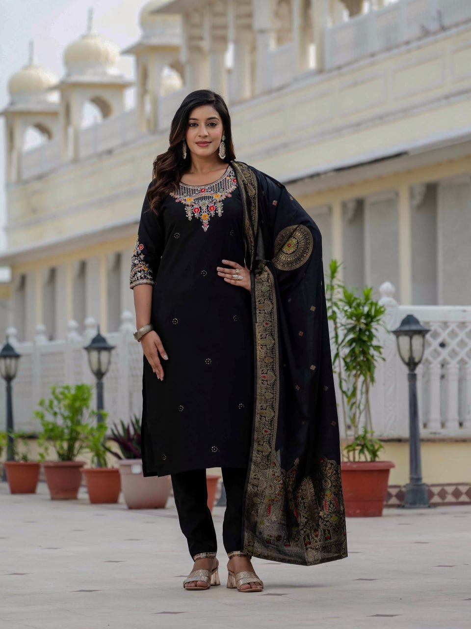 Pramukh Fab Black Color Roman Silk Kurta Set