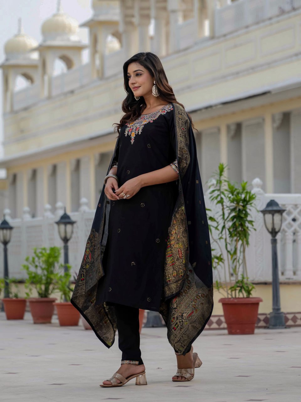 Pramukh Fab Black Color Roman Silk Kurta Set