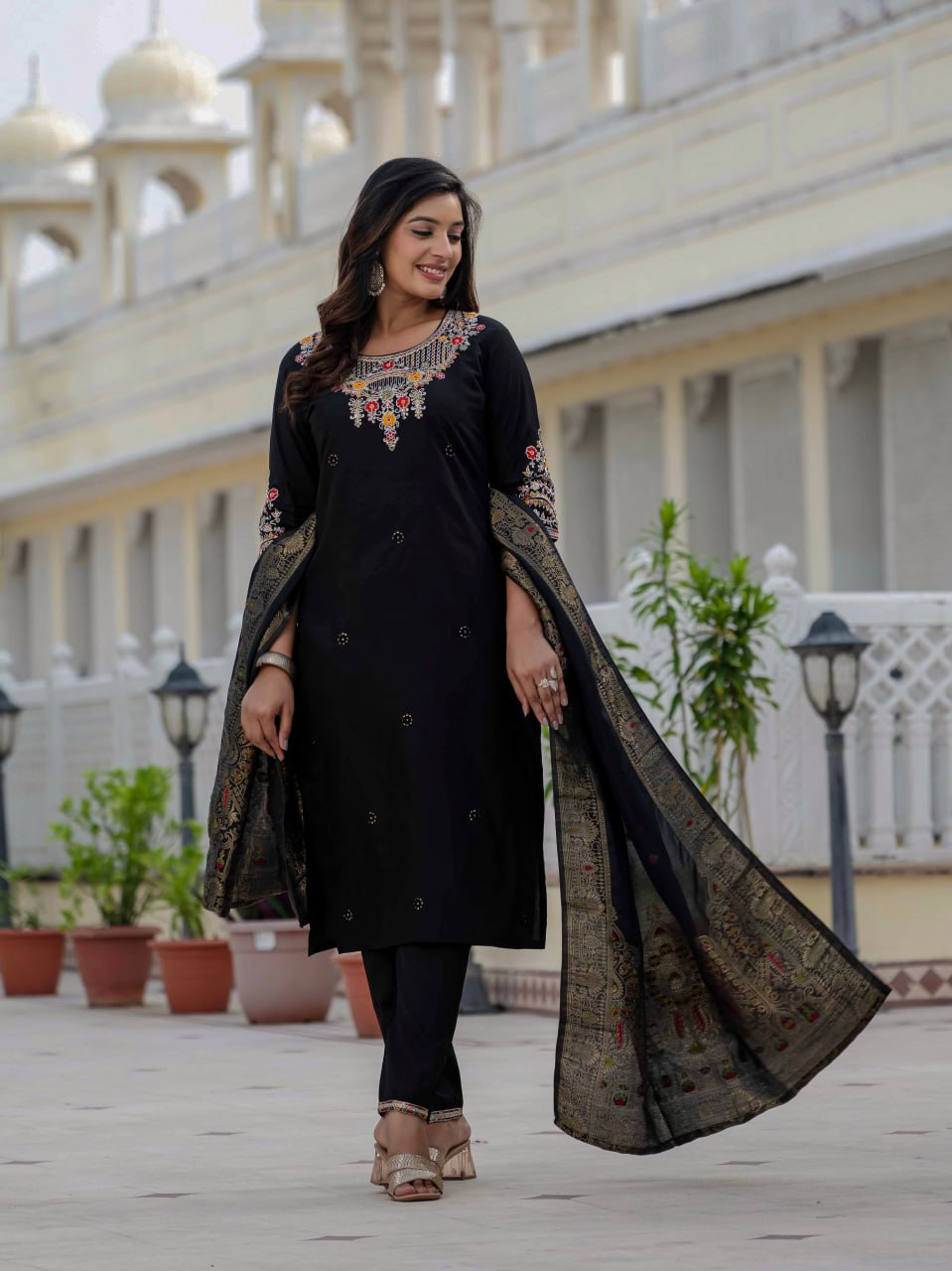 Pramukh Fab Black Color Roman Silk Kurta Set