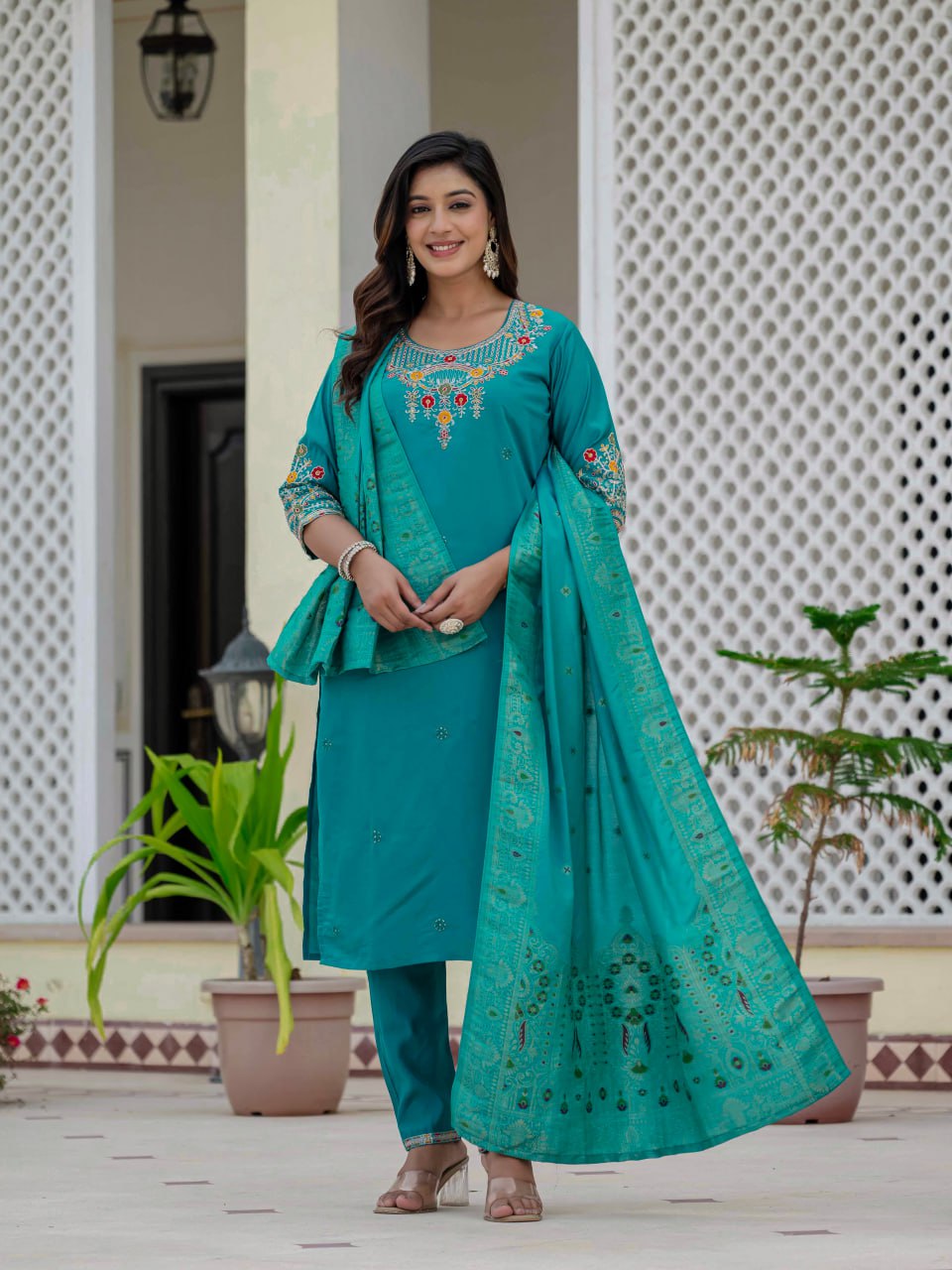 Pramukh Fab Rama Color Roman Silk Kurta Set