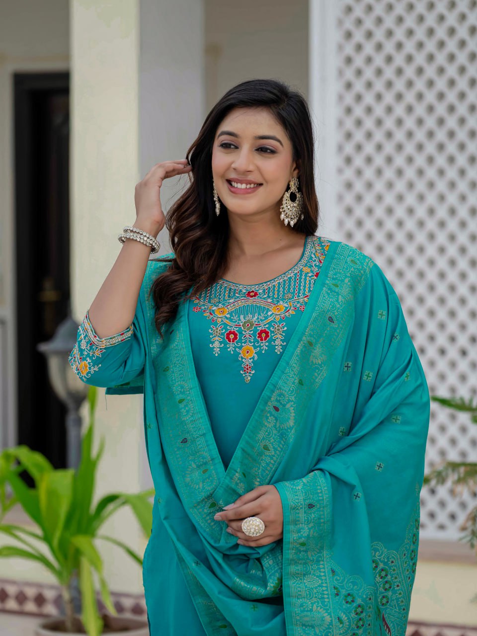 Pramukh Fab Rama Color Roman Silk Kurta Set