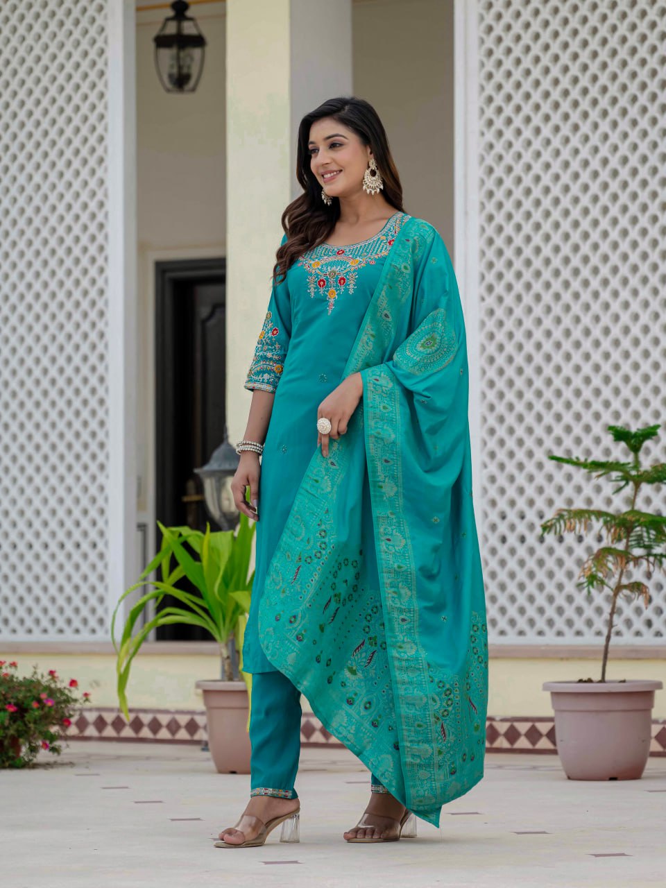 Pramukh Fab Rama Color Roman Silk Kurta Set