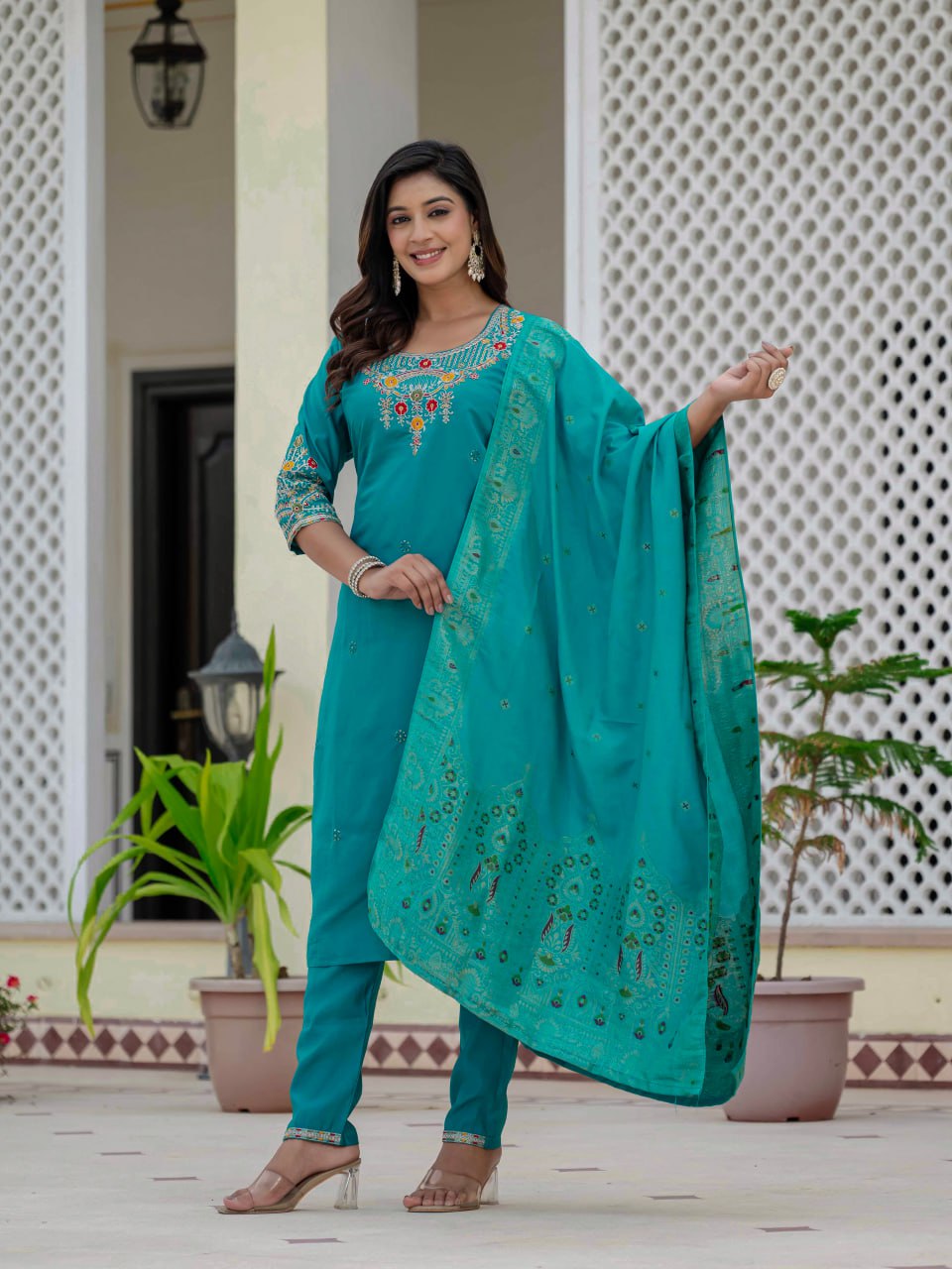 Pramukh Fab Rama Color Roman Silk Kurta Set