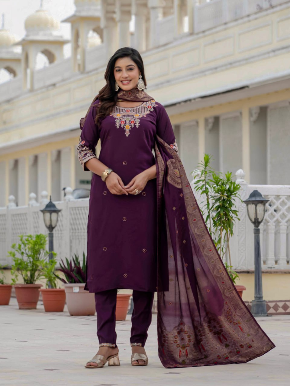 Pramukh Fab Plum Color Roman Silk Kurta Set