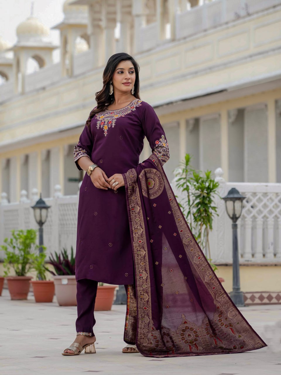 Pramukh Fab Plum Color Roman Silk Kurta Set
