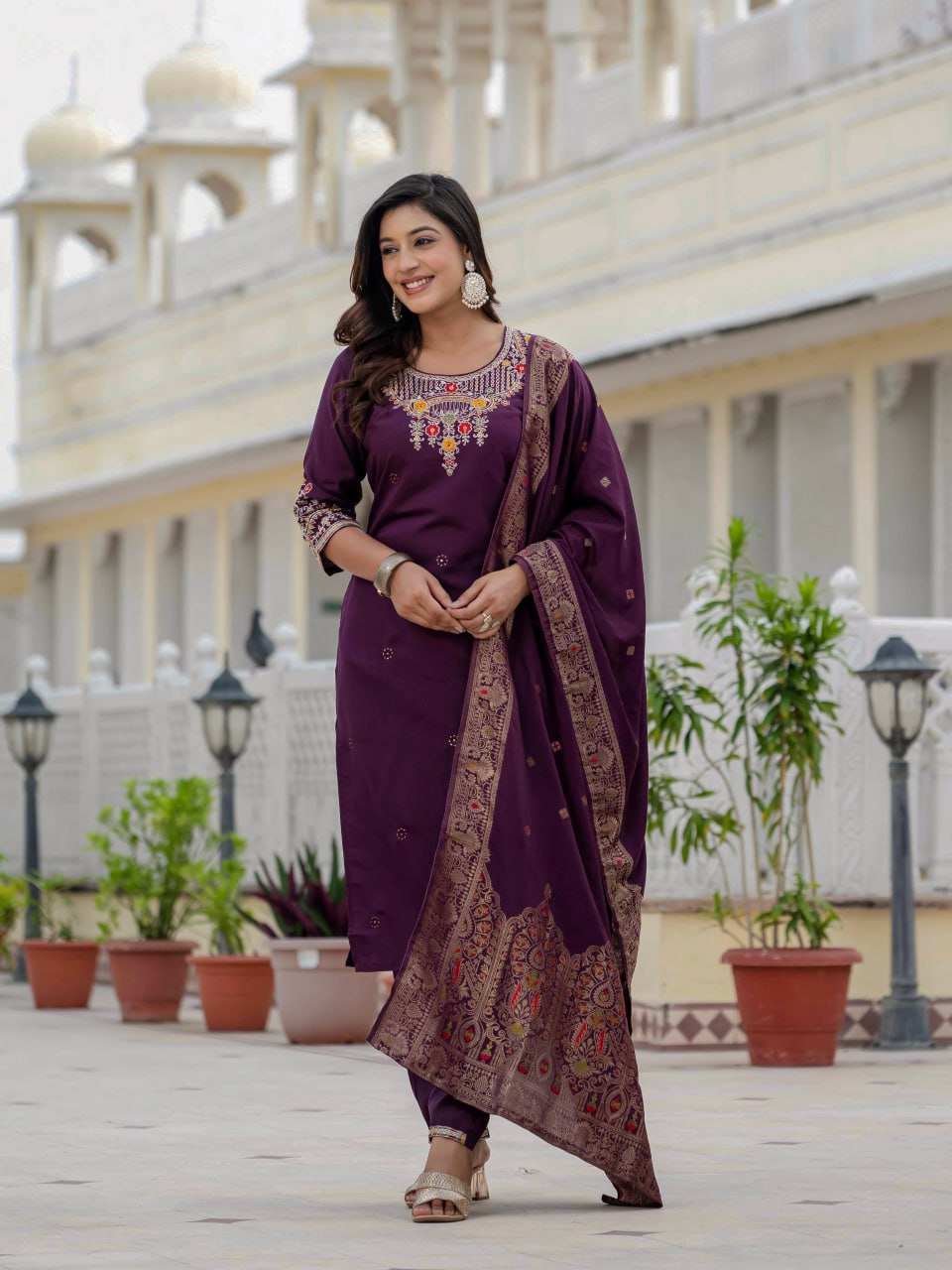 Pramukh Fab Plum Color Roman Silk Kurta Set