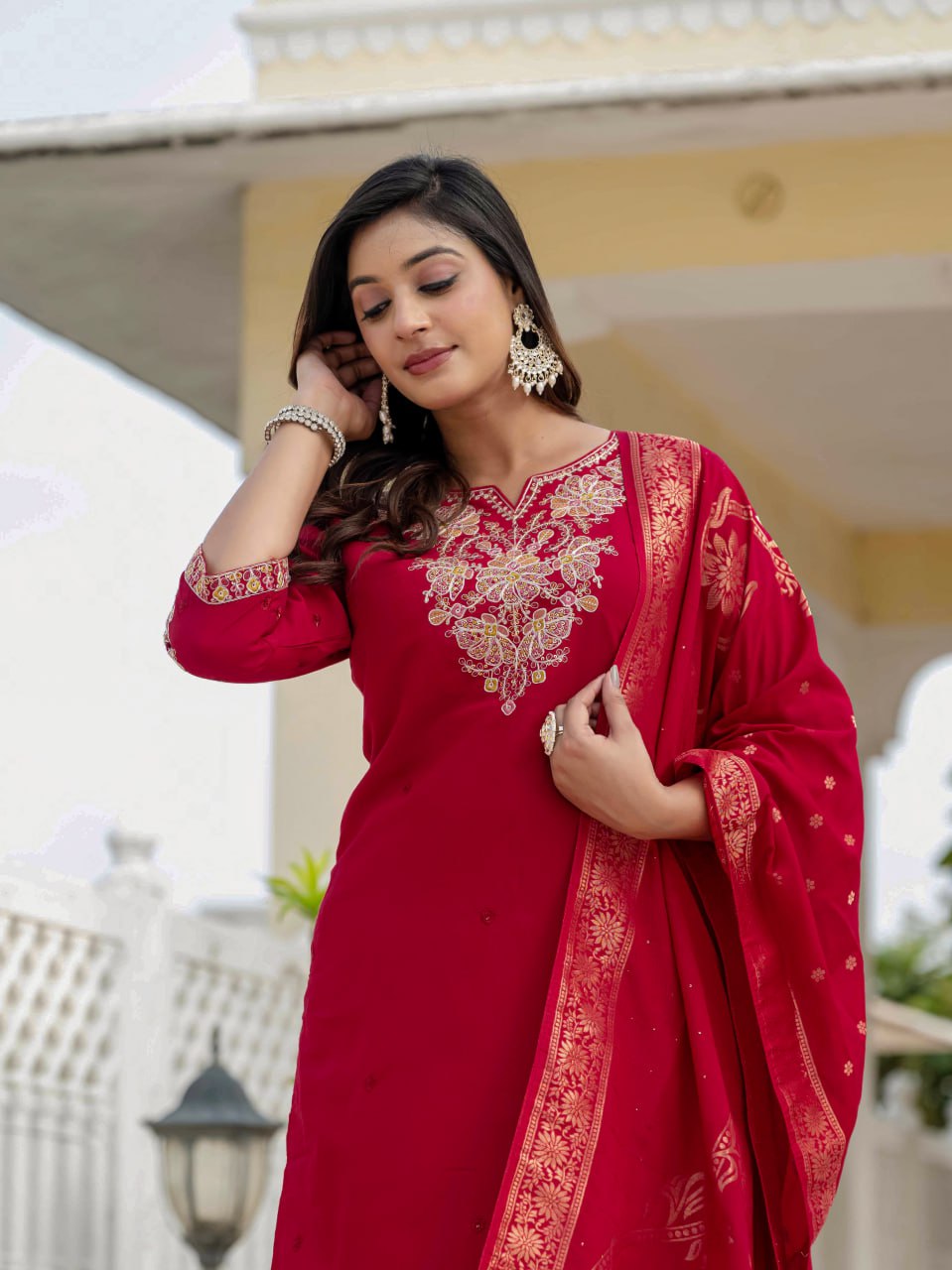 Pramukh Fab Rani Pink Color Roman Silk Kurta Set